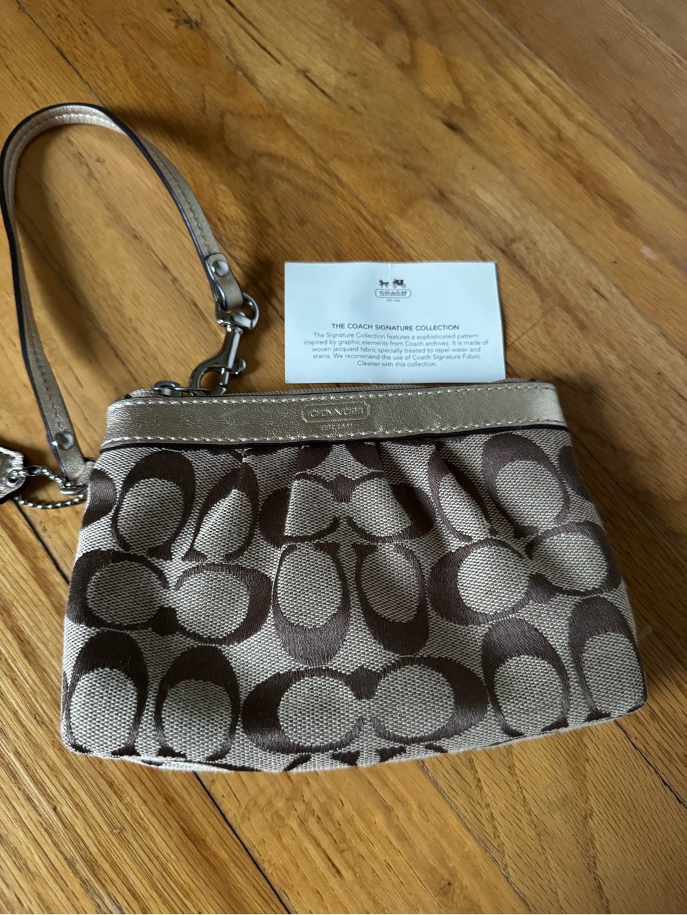 Coach Signature Canvas Wristlet in Brown and Beige with Metallic Trim
